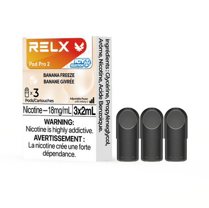 RELX POD PRO 2 Banana Freeze pods in a close-up, highlighting sleek design and creamy banana flavor with a frosty twist.