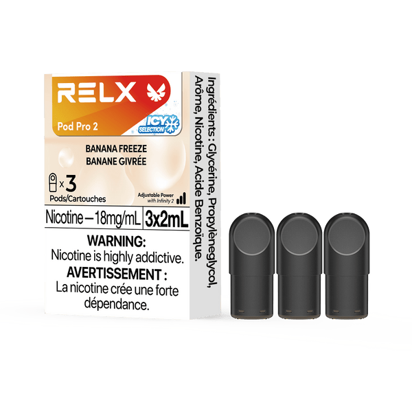 RELX POD PRO 2 Banana Freeze pods in a close-up, highlighting sleek design and creamy banana flavor with a frosty twist.