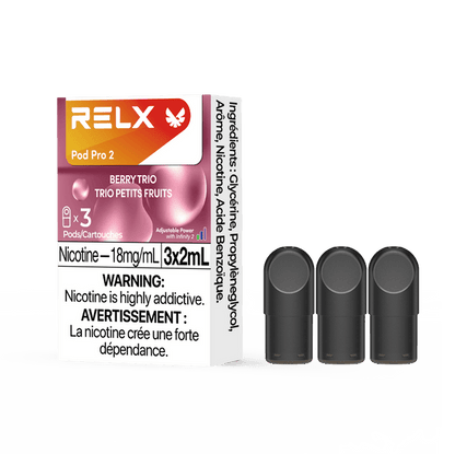 RELX POD PRO 2 Berry Trio pods in a close-up, highlighting their sleek design and vibrant berry flavor medley.