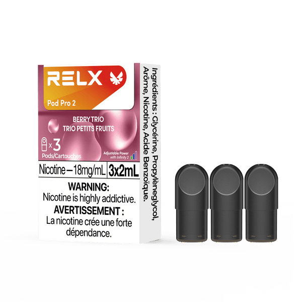 RELX POD PRO 2 Berry Trio pods in a close-up, highlighting their sleek design and vibrant berry flavor medley.