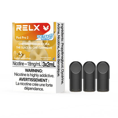 RELX POD PRO 2 Chrysanthemum Ice Tea pods in a close-up, highlighting sleek design and delicate floral and herbal flavor.