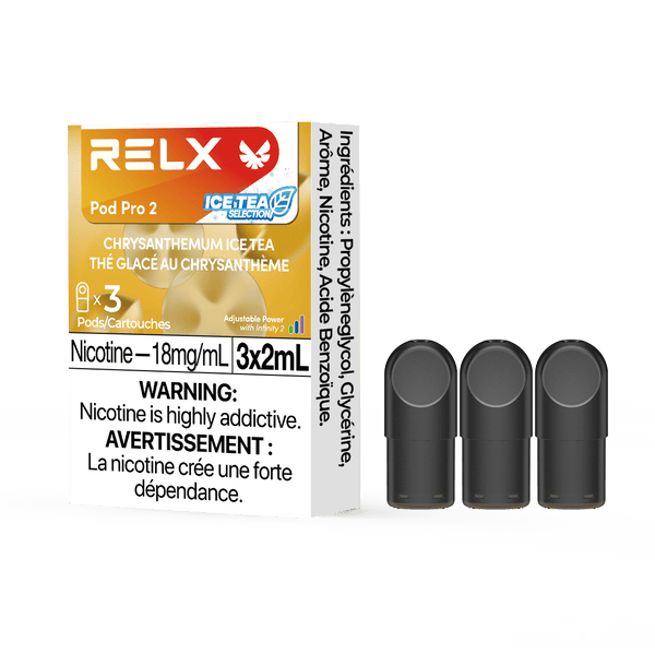 RELX POD PRO 2 Chrysanthemum Ice Tea pods in a close-up, highlighting sleek design and delicate floral and herbal flavor.