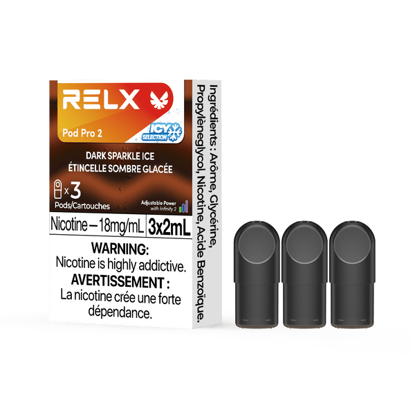 RELX POD PRO 2 Dark Sparkle Ice pods in a close-up, showcasing sleek design and a bold lemon and spice flavor profile.