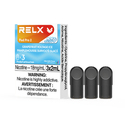 RELX POD PRO 2 Grapefruit Voltage Ice pods in a close-up, showcasing sleek design and bold grapefruit and salty-sweet flavor.