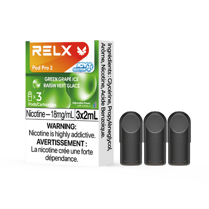 RELX POD PRO 2 Green Grape Ice pods up close, highlighting sleek design and refreshing green grape flavor.