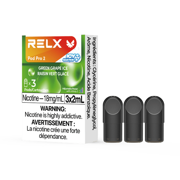 RELX POD PRO 2 Green Grape Ice pods up close, highlighting sleek design and refreshing green grape flavor.