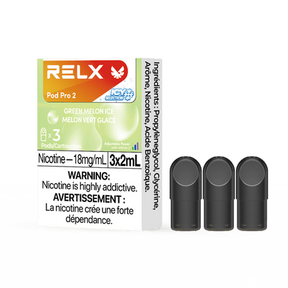 RELX POD PRO 2 Green Melon Ice pods in a close-up, highlighting sleek design and refreshing green melon flavor.