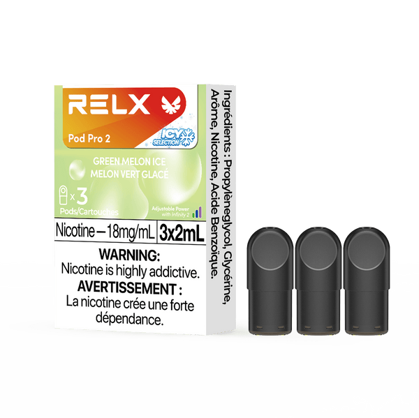 RELX POD PRO 2 Green Melon Ice pods in a close-up, highlighting sleek design and refreshing green melon flavor.