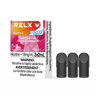 RELX POD PRO 2 Hibiscus Ice Tea pods in a close-up, showcasing sleek design and exotic hibiscus tea flavor.