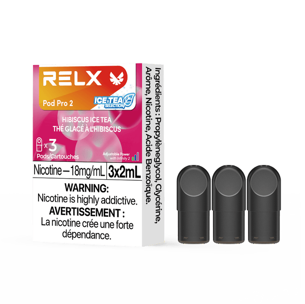 RELX POD PRO 2 Hibiscus Ice Tea pods in a close-up, showcasing sleek design and exotic hibiscus tea flavor.