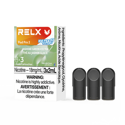 RELX POD PRO 2 Jasmine Green Ice Tea pods in a close-up, showcasing sleek design and delicate green tea and jasmine flavor.