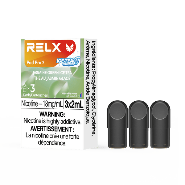 RELX POD PRO 2 Jasmine Green Ice Tea pods in a close-up, showcasing sleek design and delicate green tea and jasmine flavor.