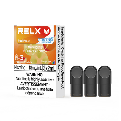 RELX POD PRO 2 Lemon Ice Tea pods in a close-up, showcasing sleek design and refreshing lemon and tea flavor notes.