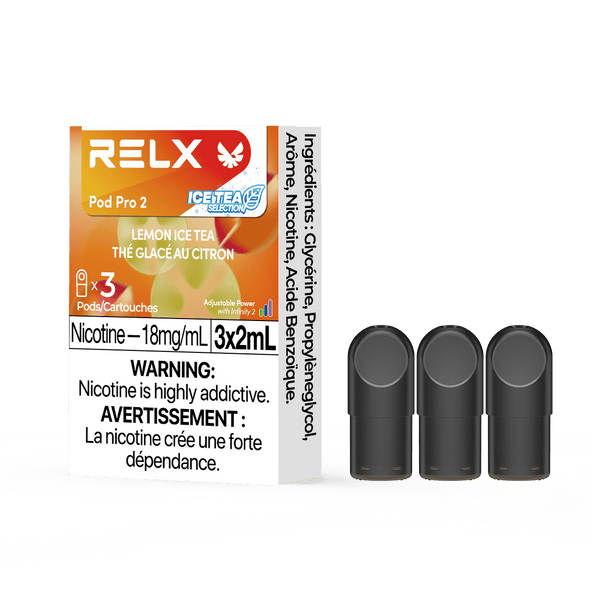 RELX POD PRO 2 Lemon Ice Tea pods in a close-up, showcasing sleek design and refreshing lemon and tea flavor notes.