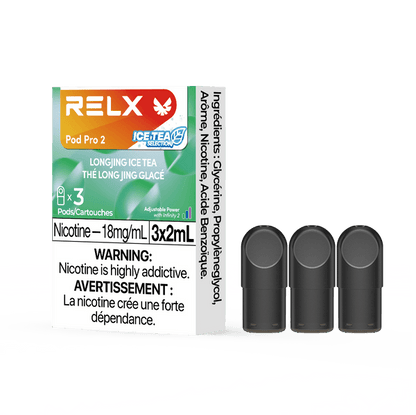 RELX POD PRO 2 Longjing Ice Tea pods in a close-up, showcasing sleek design and a refreshing tea and jasmine flavor profile.