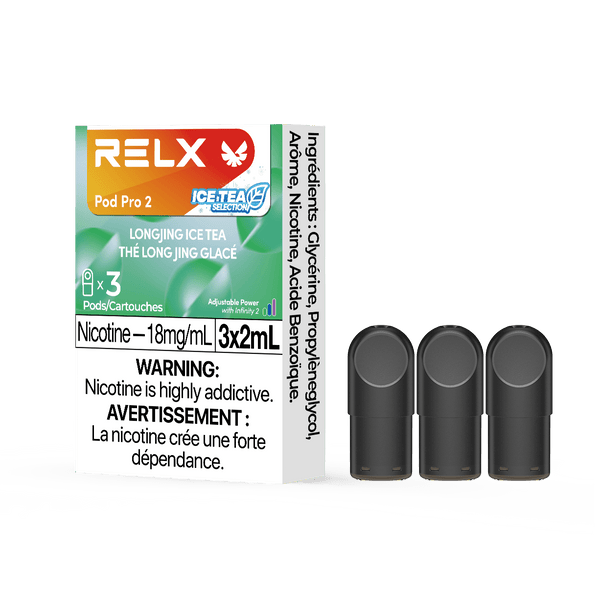 RELX POD PRO 2 Longjing Ice Tea pods in a close-up, showcasing sleek design and a refreshing tea and jasmine flavor profile.