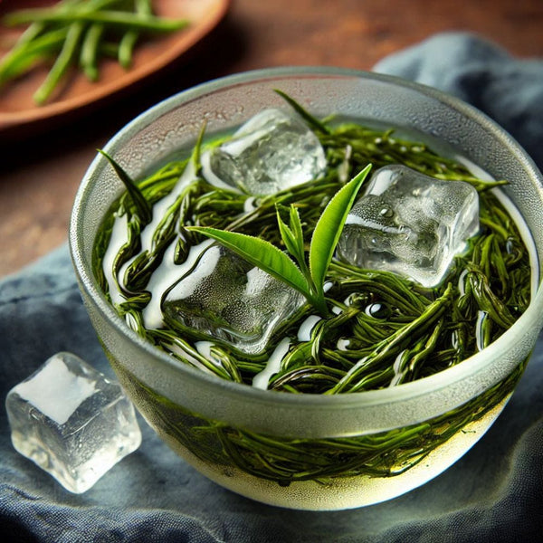 RELX POD PRO 2 Longjing Ice Tea pods placed with green tea leaves and jasmine flowers, highlighting their calm and floral essence.