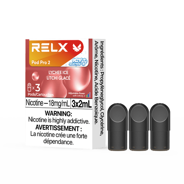 RELX POD PRO 2 Lychee Ice pods in a close-up, showcasing sleek design and exotic rose and lychee flavor notes.