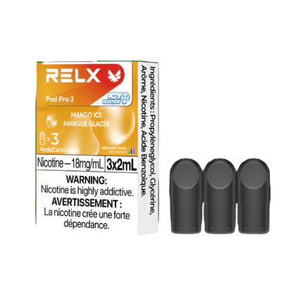 RELX POD PRO 2 Mango Ice pods up close, showcasing sleek design and vibrant mango flavor with an icy twist.