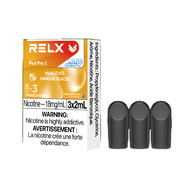 RELX POD PRO 2 Mango Ice pods up close, showcasing sleek design and vibrant mango flavor with an icy twist.