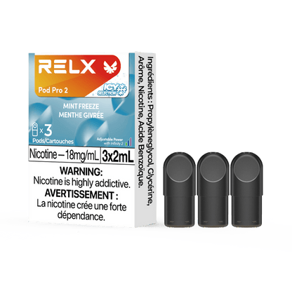 RELX POD PRO 2 Mint Freeze pods in a close-up, showcasing sleek design and a bold mint and tobacco flavor profile.