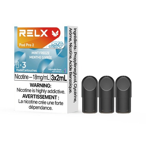 RELX POD PRO 2 Mint Freeze pods in a close-up, showcasing sleek design and a bold mint and tobacco flavor profile.