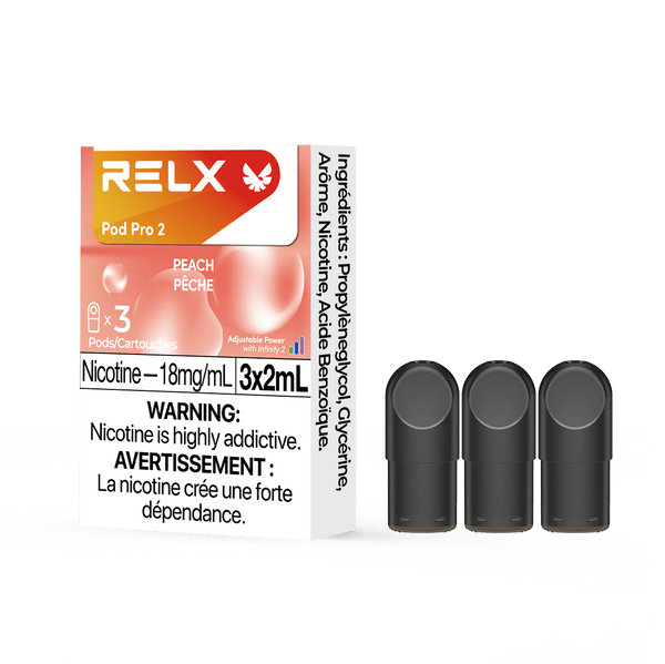 RELX POD PRO 2 Peach pods in a close-up, showcasing sleek design and the rich, juicy flavor of peaches.