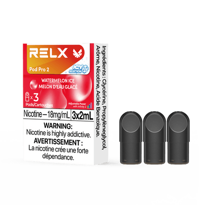 RELX POD PRO 2 Watermelon Ice pods up close, highlighting sleek design and refreshing watermelon and mint flavor combination.