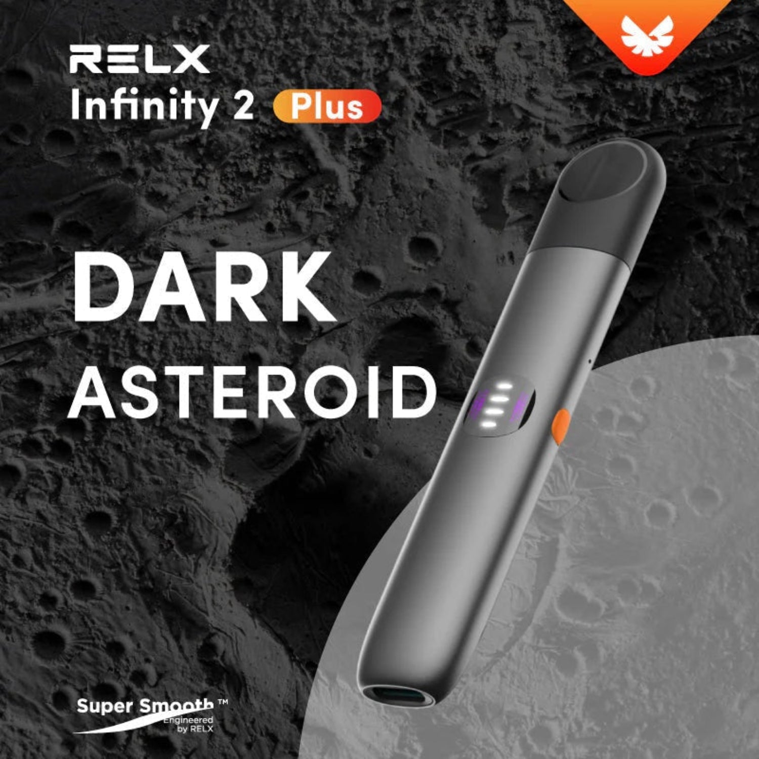 RELX Infinity 2 Plus  Dark Asteroid vape device on a dark asteroid background