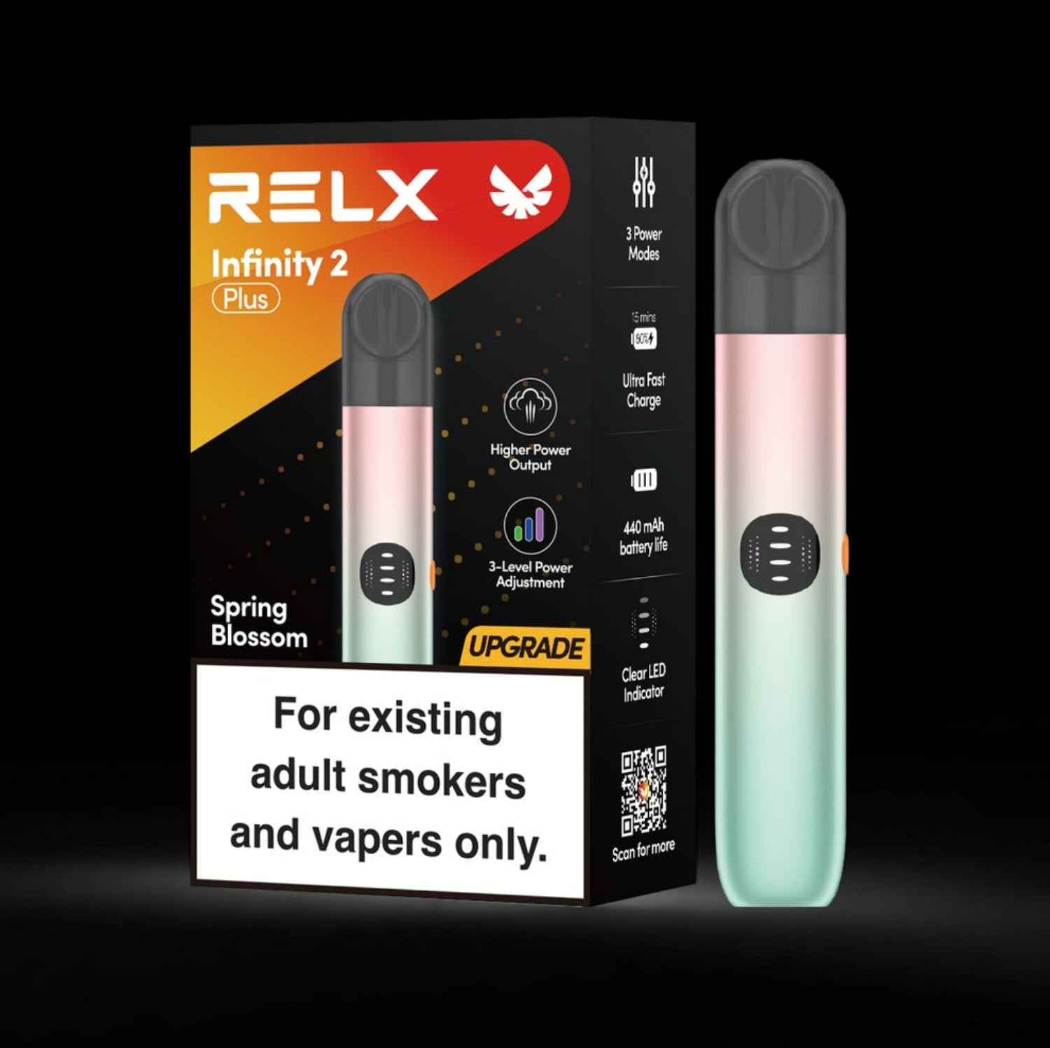 RELX Infinity 2 Plus Spring Blossom pink and blue gradient vaping device and packaging on a black background