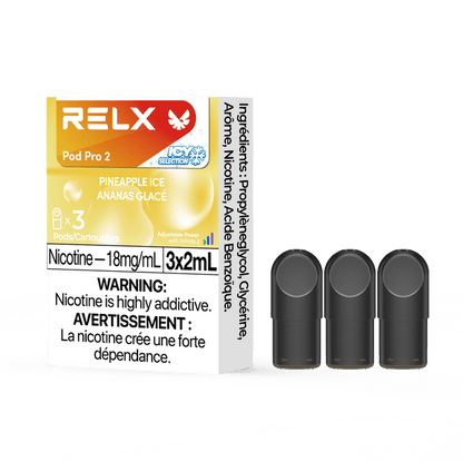 RELX POD PRO 2 Pineapple Ice pods up close, highlighting sleek design and tropical pineapple and citrus flavor notes.