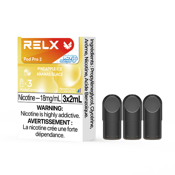 RELX POD PRO 2 Pineapple Ice pods up close, highlighting sleek design and tropical pineapple and citrus flavor notes.