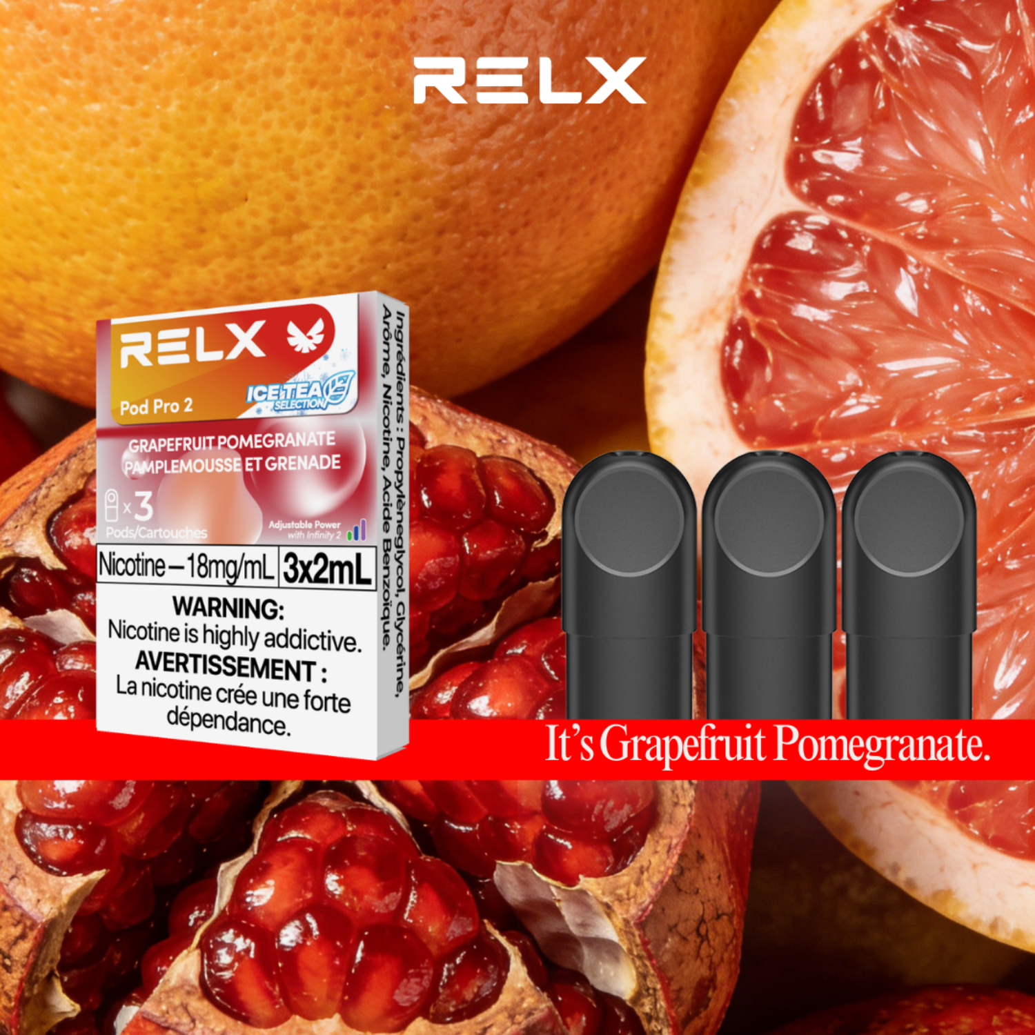 RELX vape device packaging with grapefruit and pomegranate on a vibrant background