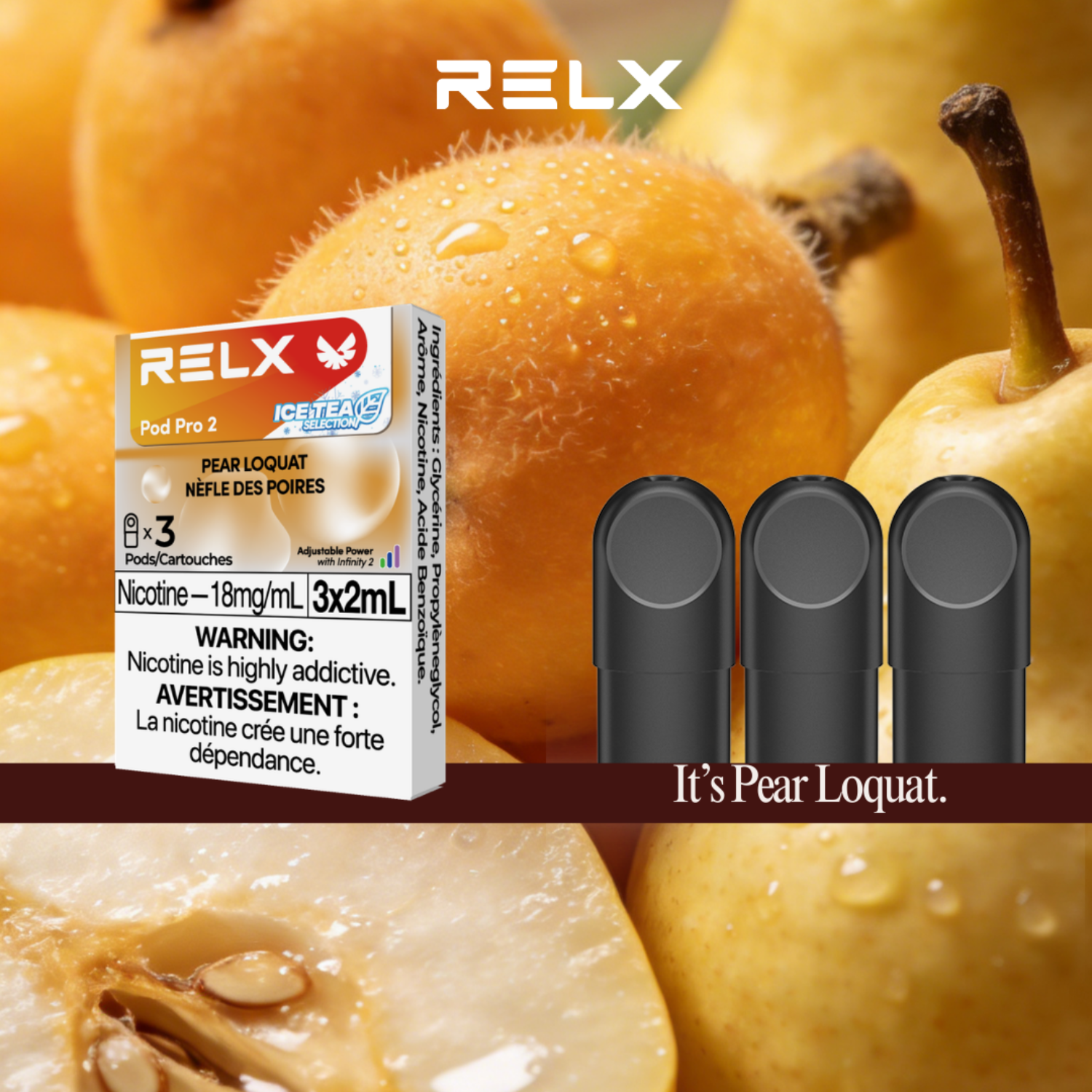 RELX vape pod packaging with pear loquat flavor against a background of pear loquats.