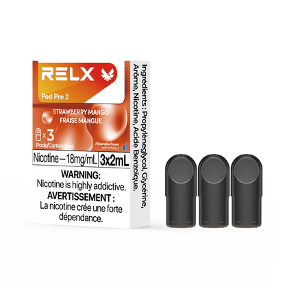 RELX POD PRO 2 Strawberry Mango pods up close, showcasing sleek design and a vibrant blend of strawberry and mango flavors.