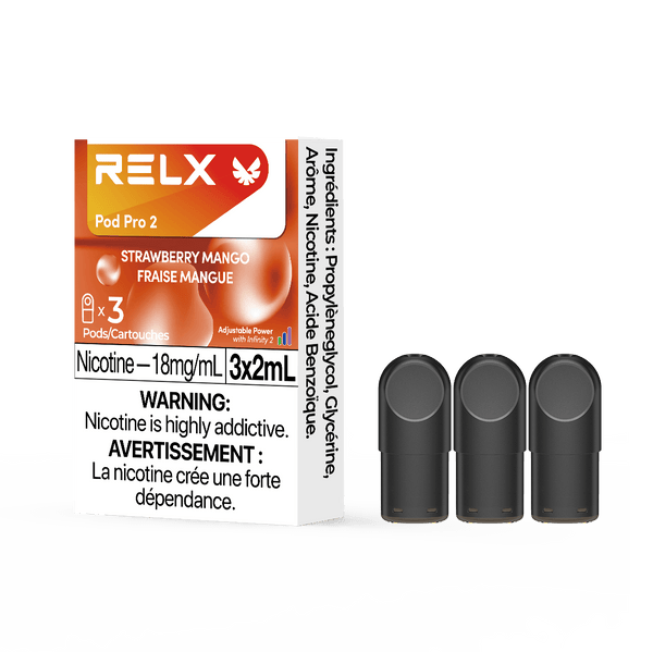 RELX POD PRO 2 Strawberry Mango pods up close, showcasing sleek design and a vibrant blend of strawberry and mango flavors.