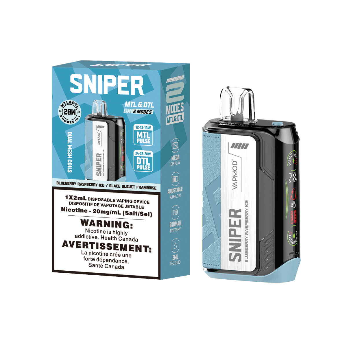 Sniper Blueberry Raspberry Ice Disposable 2ml 20mg By Vapmod up close, showcasing sleek design and bold berry flavors.