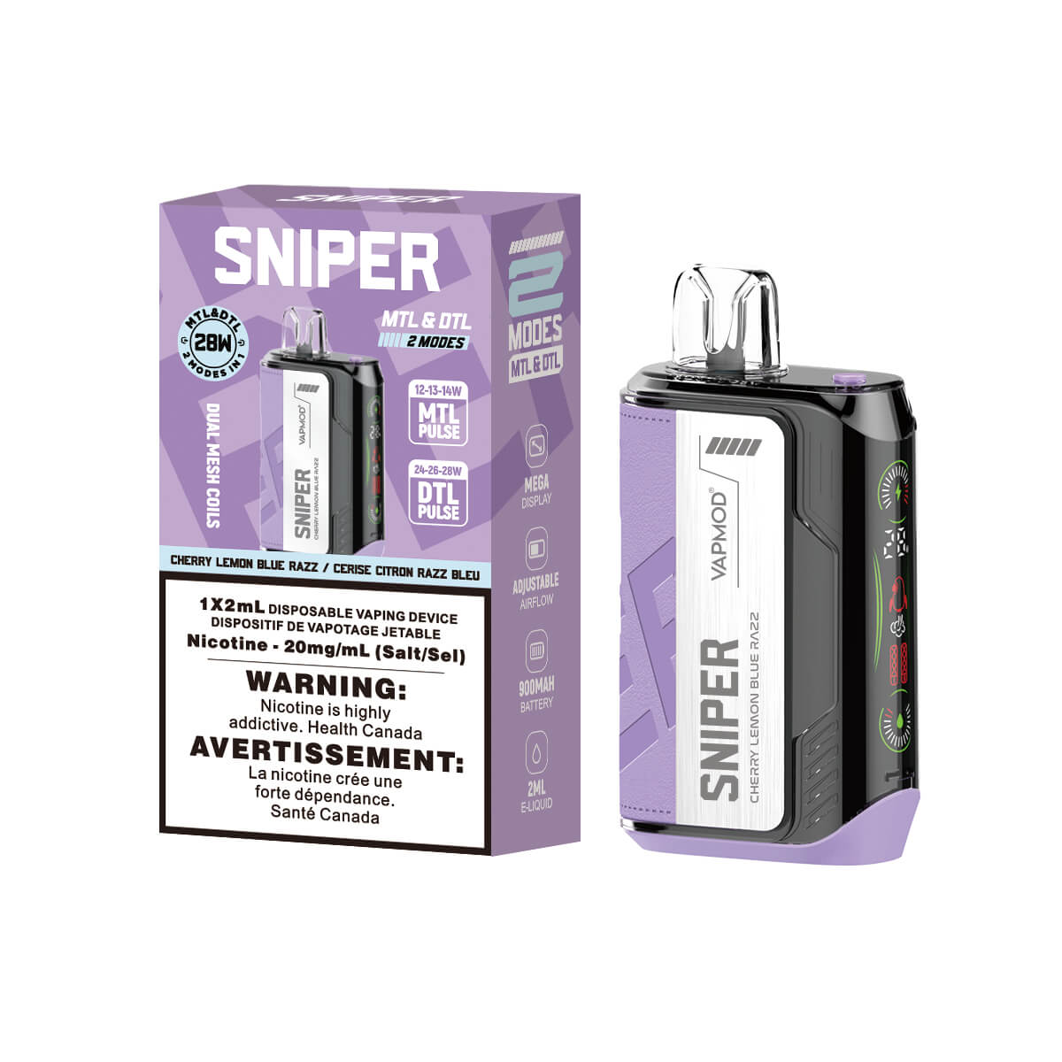 Sniper Cherry Lemon Blue Razz Disposable 2ml 20mg By Vapmod up close, showcasing sleek design and bold fruit flavors.