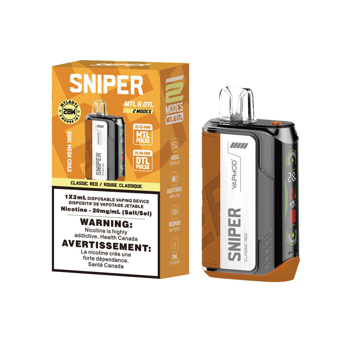 Sniper Classic Red Disposable 2ml 20mg By Vapmod up close, showcasing sleek design and bold tobacco flavor.