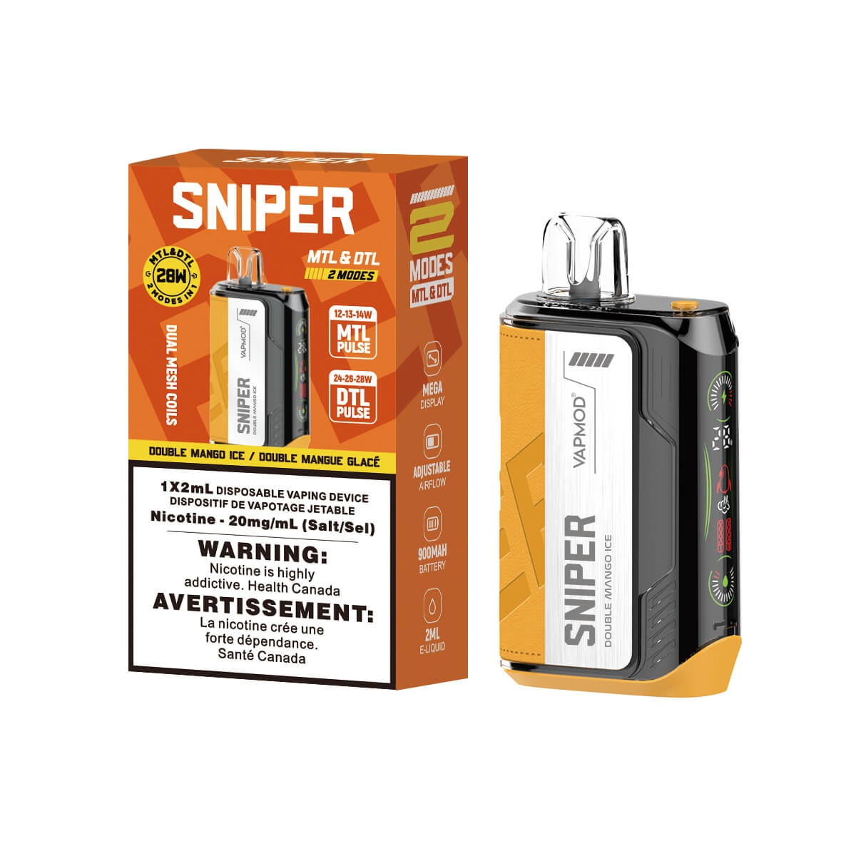 Sniper Double Mango Ice Disposable 2ml 20mg By Vapmod up close, showcasing sleek design and tropical mango flavor.