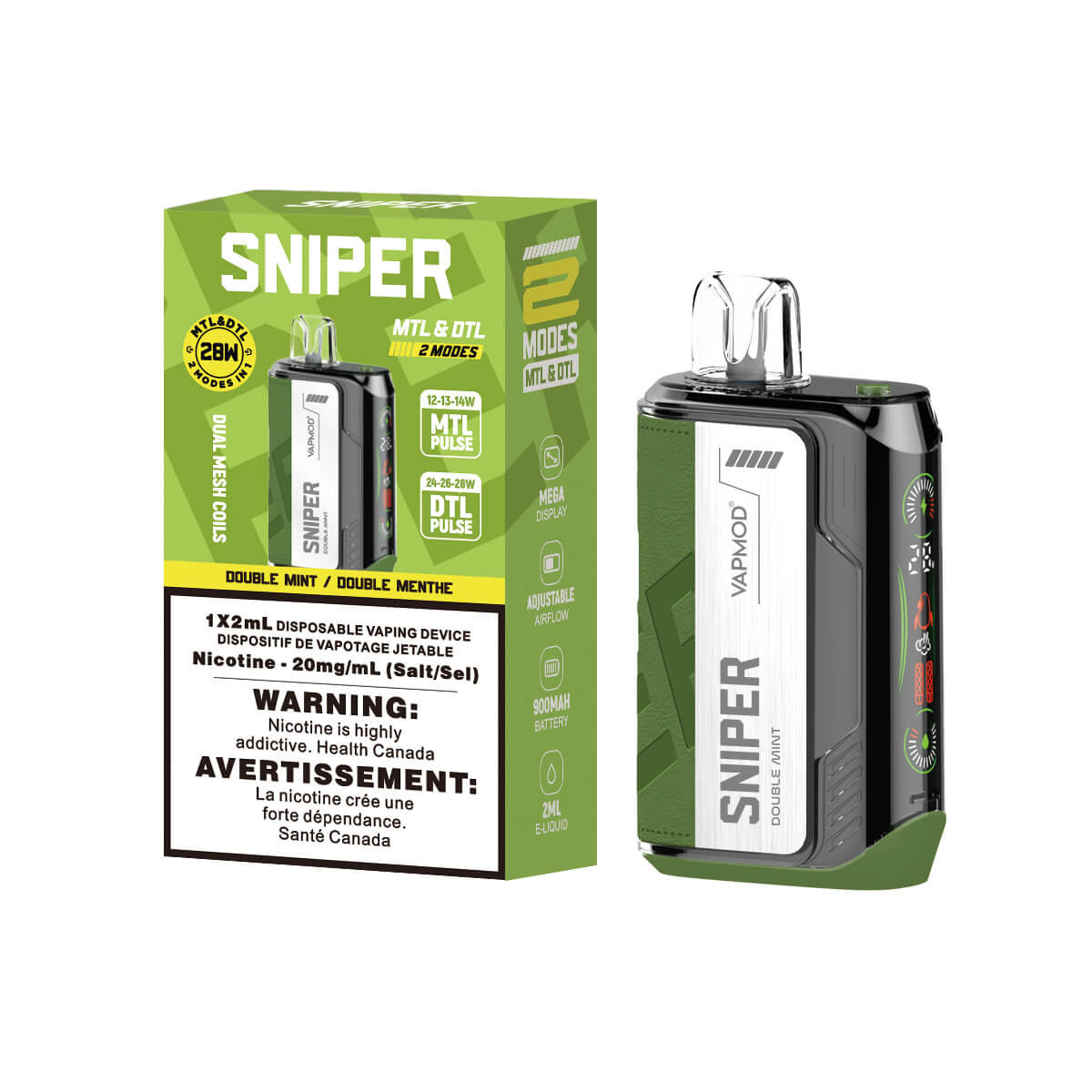 Sniper Double Mint Disposable 2ml 20mg By Vapmod up close, showcasing sleek design and cool mint flavor.