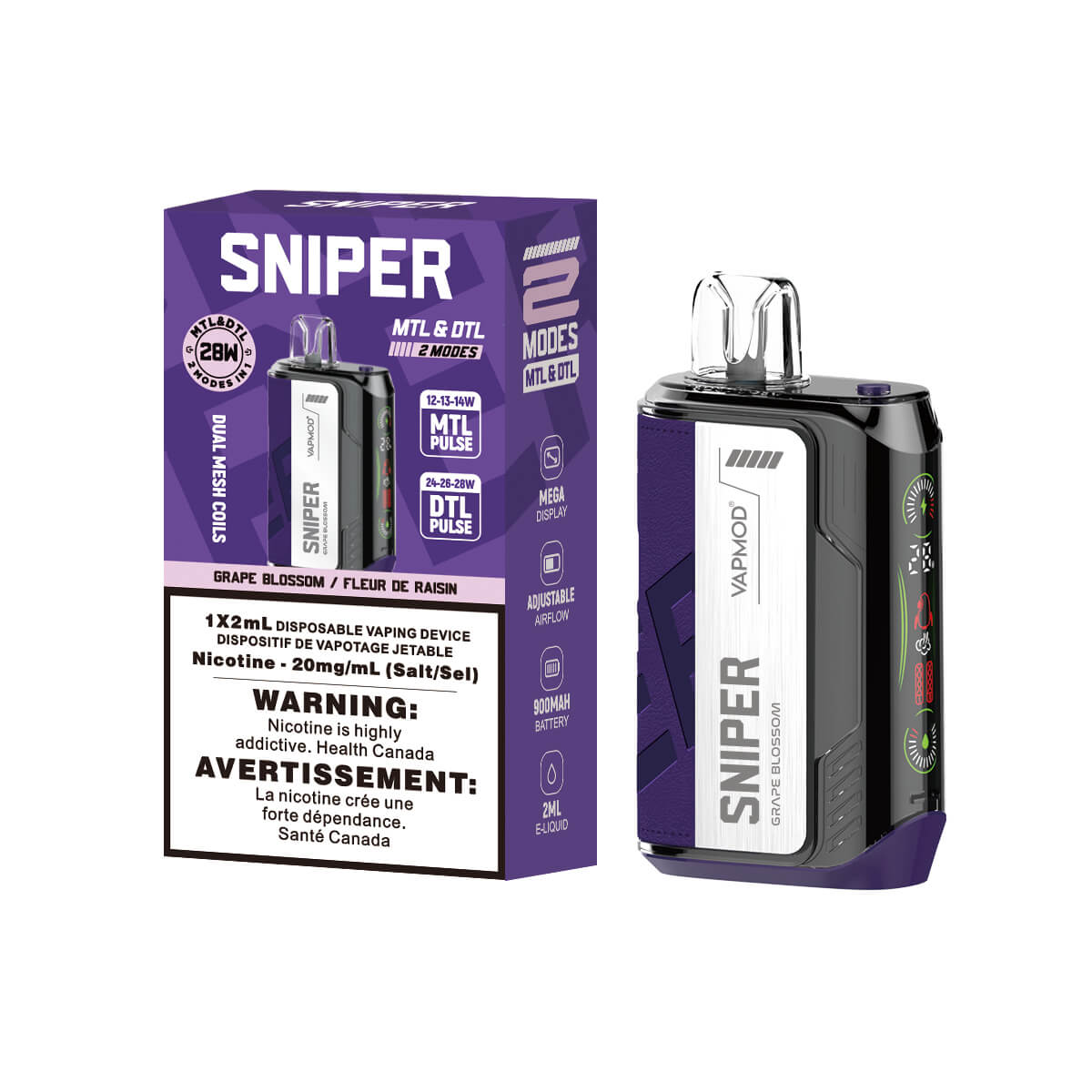 Sniper Grape Blossom Disposable 2ml 20mg By Vapmod up close, showcasing sleek design and unique grape-floral flavor.