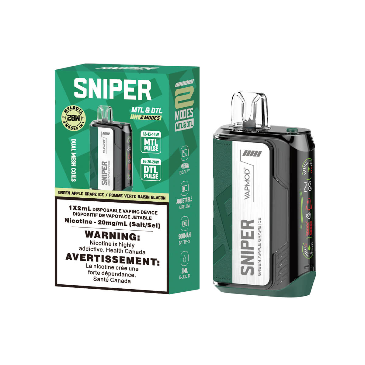 Sniper Green Apple Grape Ice Disposable 2ml 20mg By Vapmod up close, showcasing sleek design and bold fruit flavors.