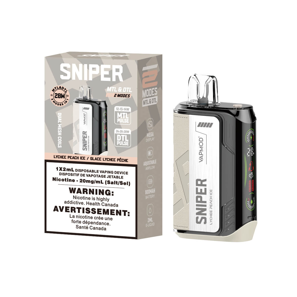 Sniper Lychee Peach Ice Disposable 2ml 20mg By Vapmod up close, showcasing sleek design and exotic fruit flavors.