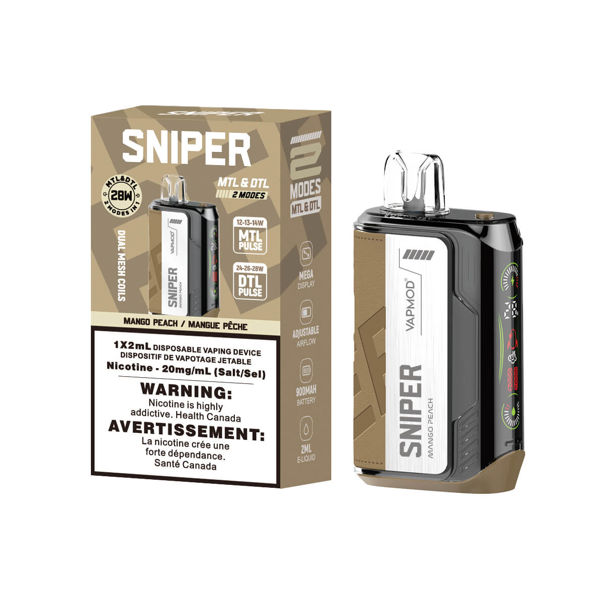 Sniper Mango Peach Disposable 2ml 20mg By Vapmod up close, showcasing sleek design and tropical fruit flavors.