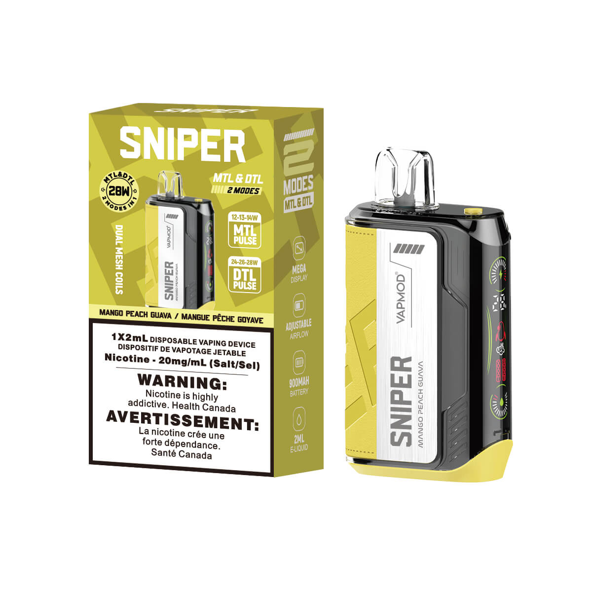 Sniper Mango Peach Guava Disposable 2ml 20mg By Vapmod up close, showcasing sleek design and tropical fruit flavors.