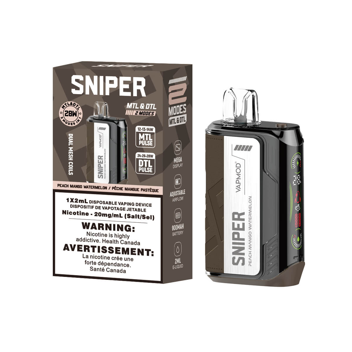 Sniper Mango Peach Watermelon Disposable 2ml 20mg By Vapmod up close, showcasing sleek design and vibrant fruit flavors.