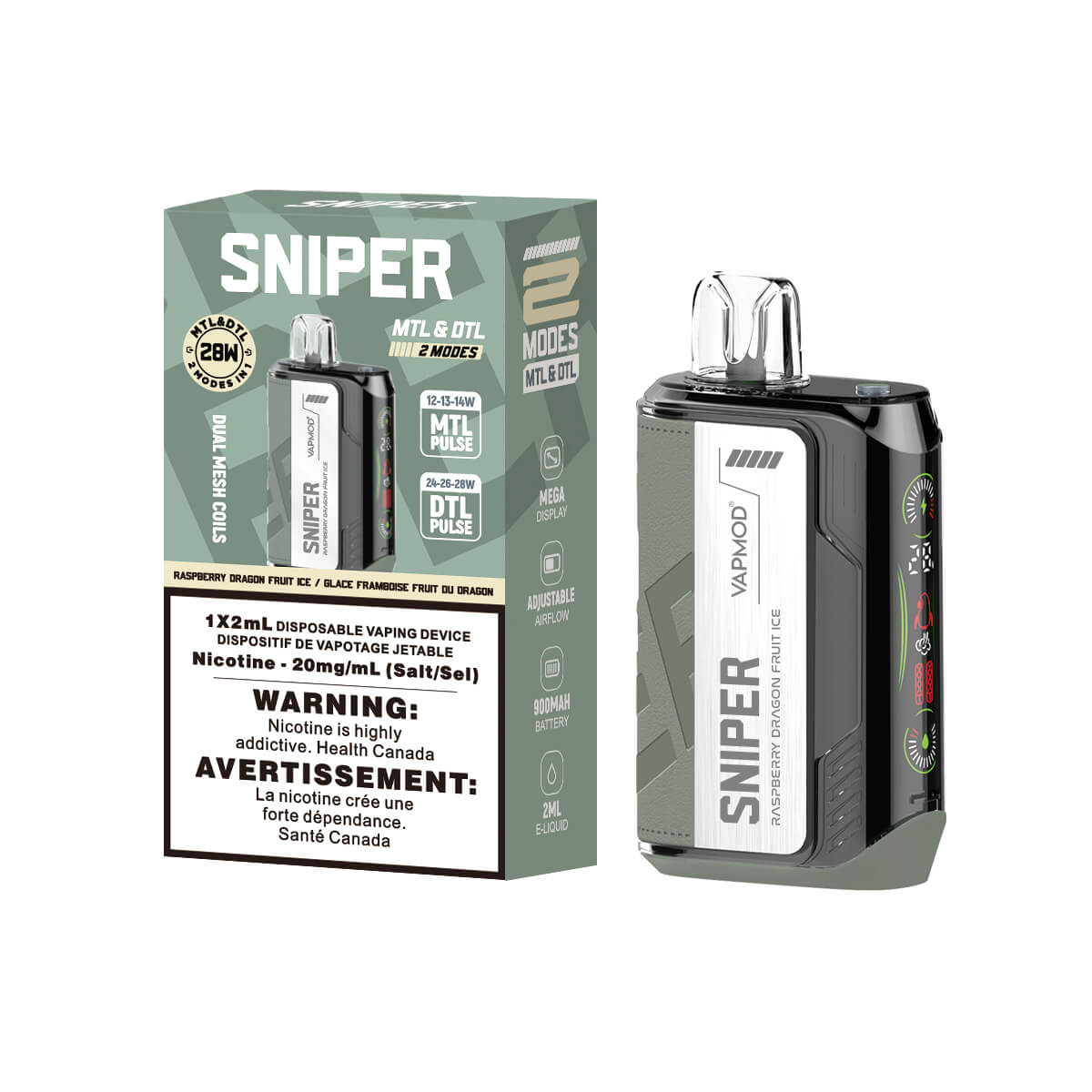 Sniper Raspberry Dragon Fruit Ice Disposable 2ml 20mg By Vapmod up close, showcasing sleek design and exotic fruit flavors.