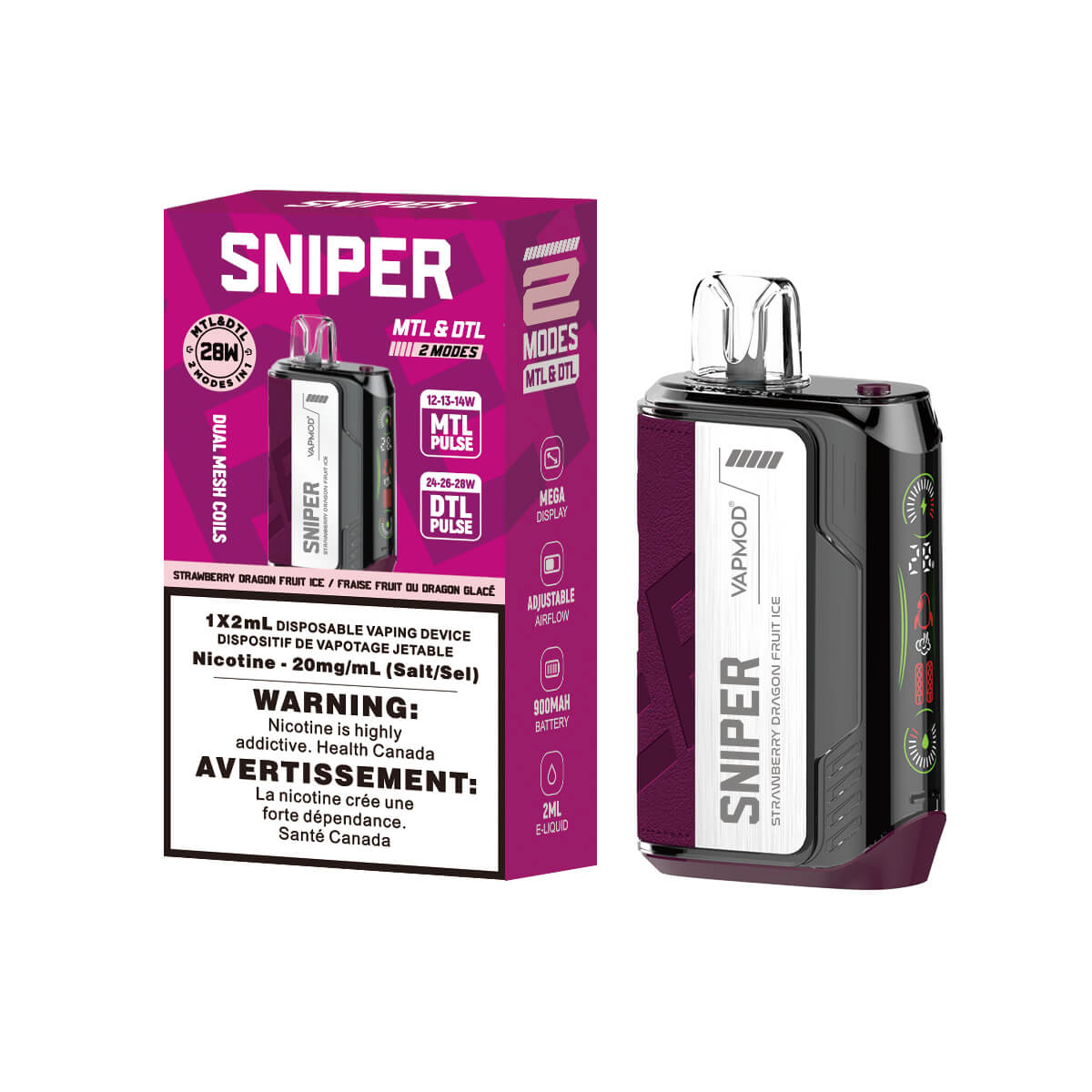 Sniper Strawberry Dragon Fruit Ice Disposable 2ml 20mg By Vapmod up close, showcasing sleek design and exotic fruit flavors.