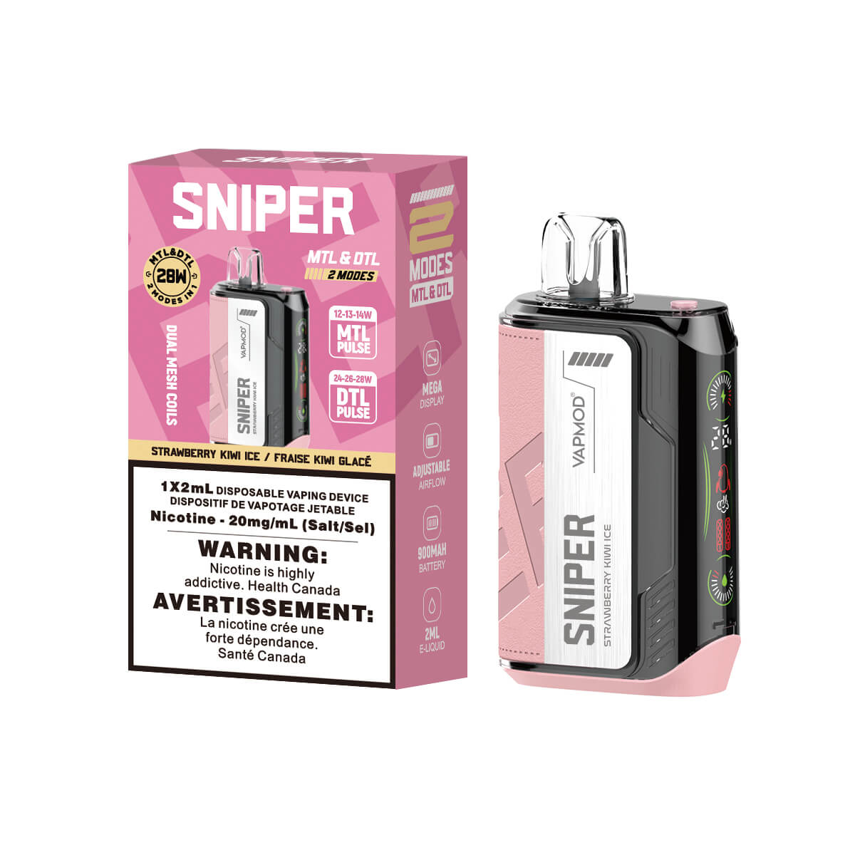 Sniper Strawberry Kiwi Ice Disposable 2ml 20mg By Vapmod up close, showcasing sleek design and vibrant fruit flavors.